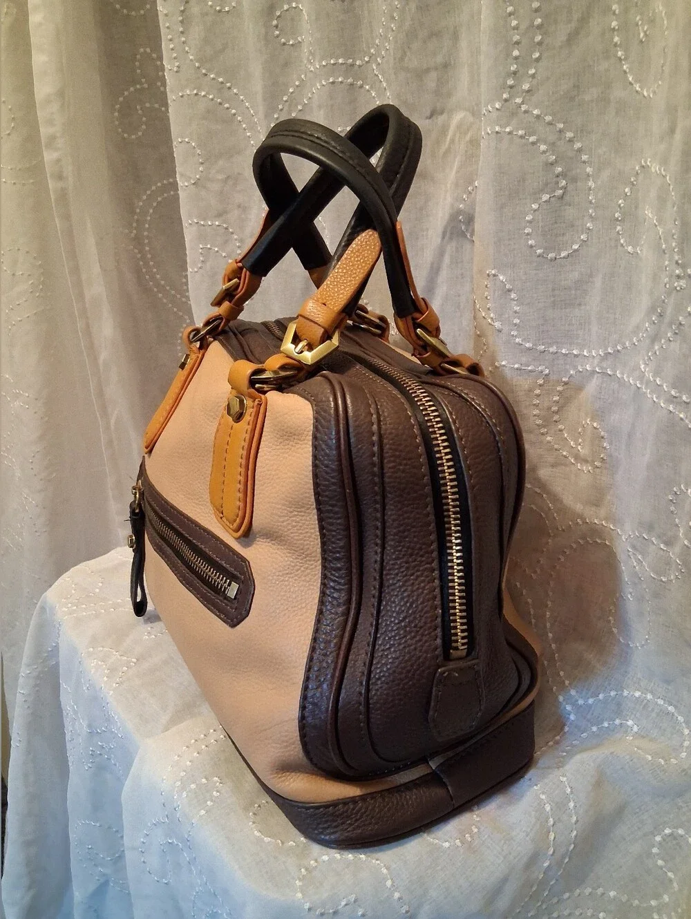 orYANY Beige and Brown Leather Satchel with Tan Accents